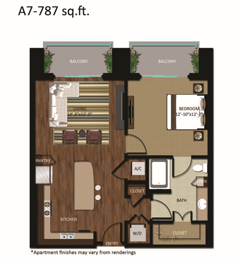 Floor plan for 1 bed, 1 bath, 787 sqft